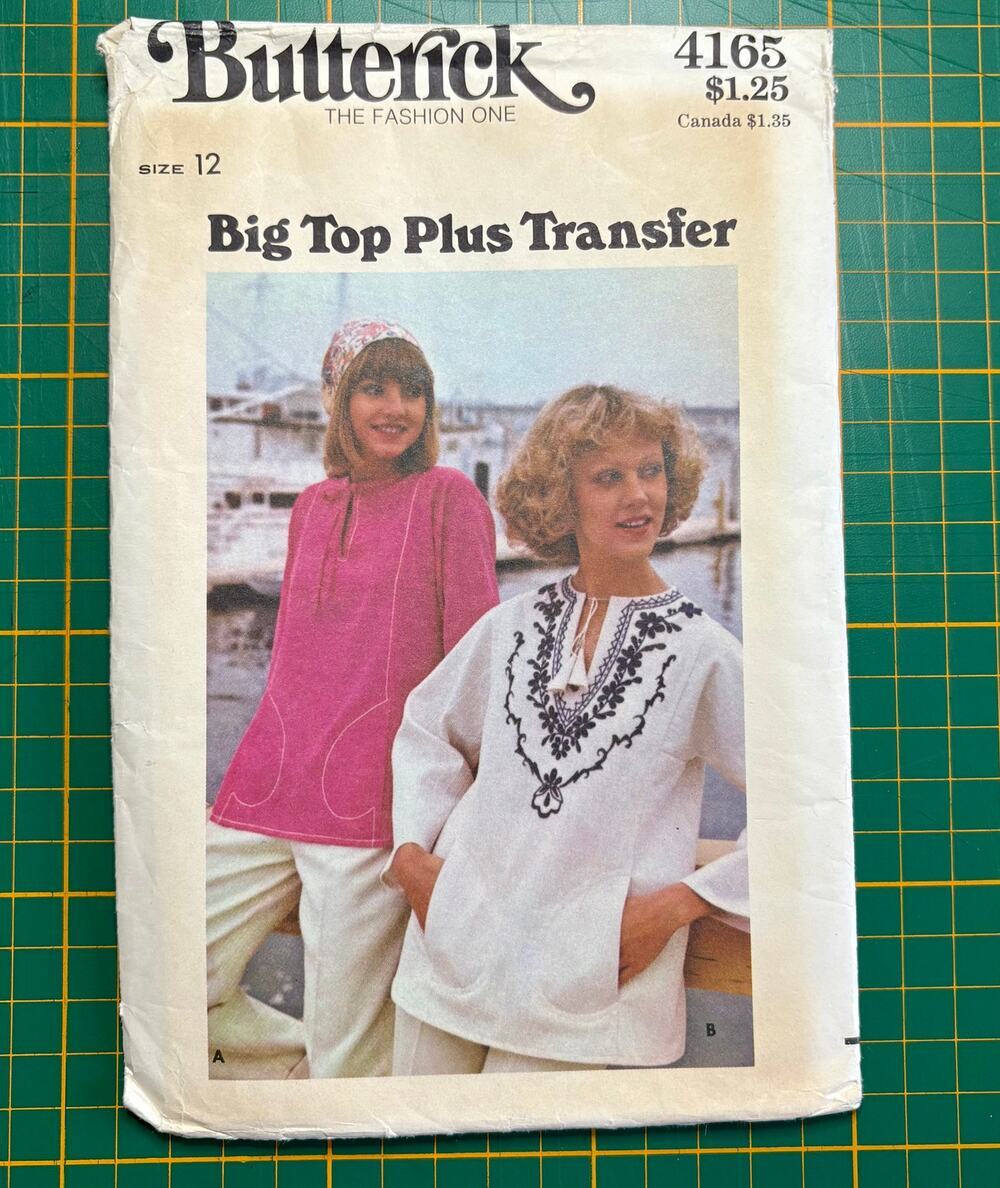 VTG 70s Butterick 4165 Boho Tunic Top Embroidery Transfer Sz 12 FF UC